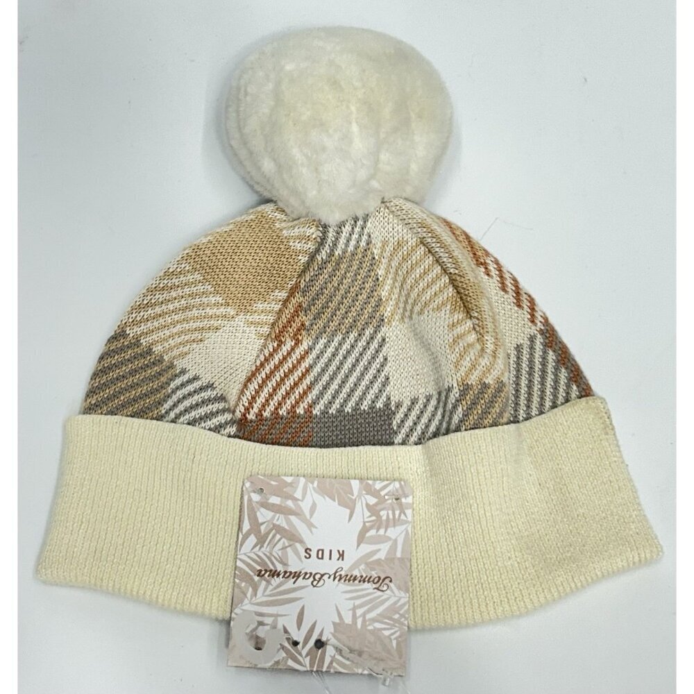 New Tommy Bahama Kids One Size Brown White Checkered Winter Knit Hat Beanie